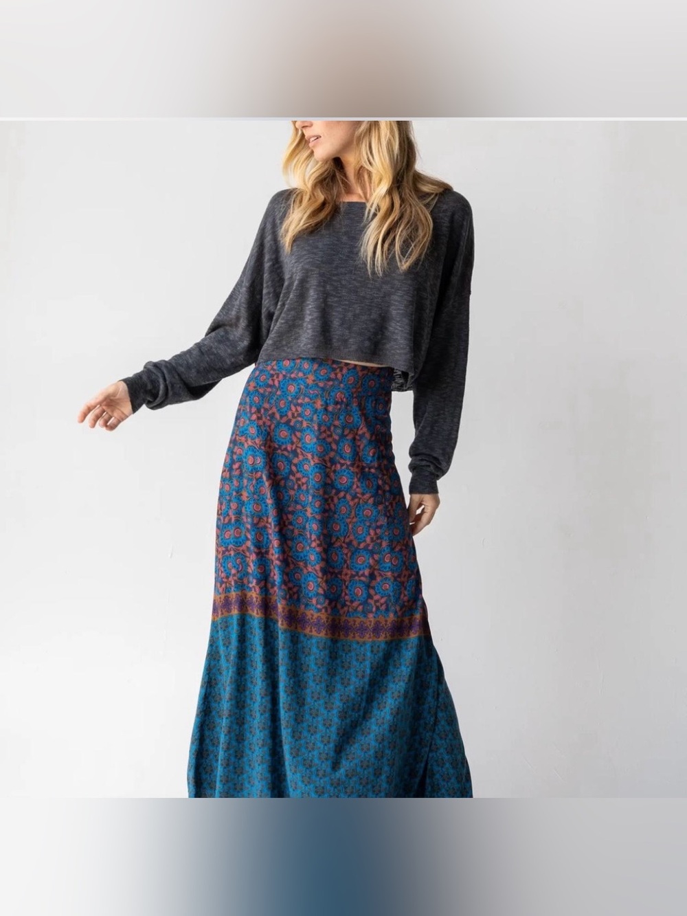 NATURAL LIFE Blue and Teal Floral Maxi Skirt